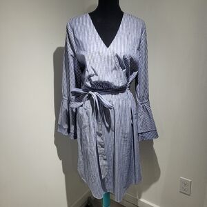 A New Day Women's Striped Faux-Wrap Bell Sleeve Dress XL White Blue Coastalcore
